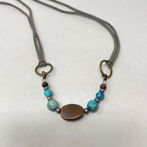 Beaded Leather Cord Necklace Long Length‎ Adjustable Boho Copper Turquoise Blue - Picture 2 of 5